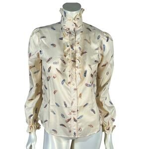 Vintage 90s Cream Feather Print Ruffle Victorian Style Blouse Size Small